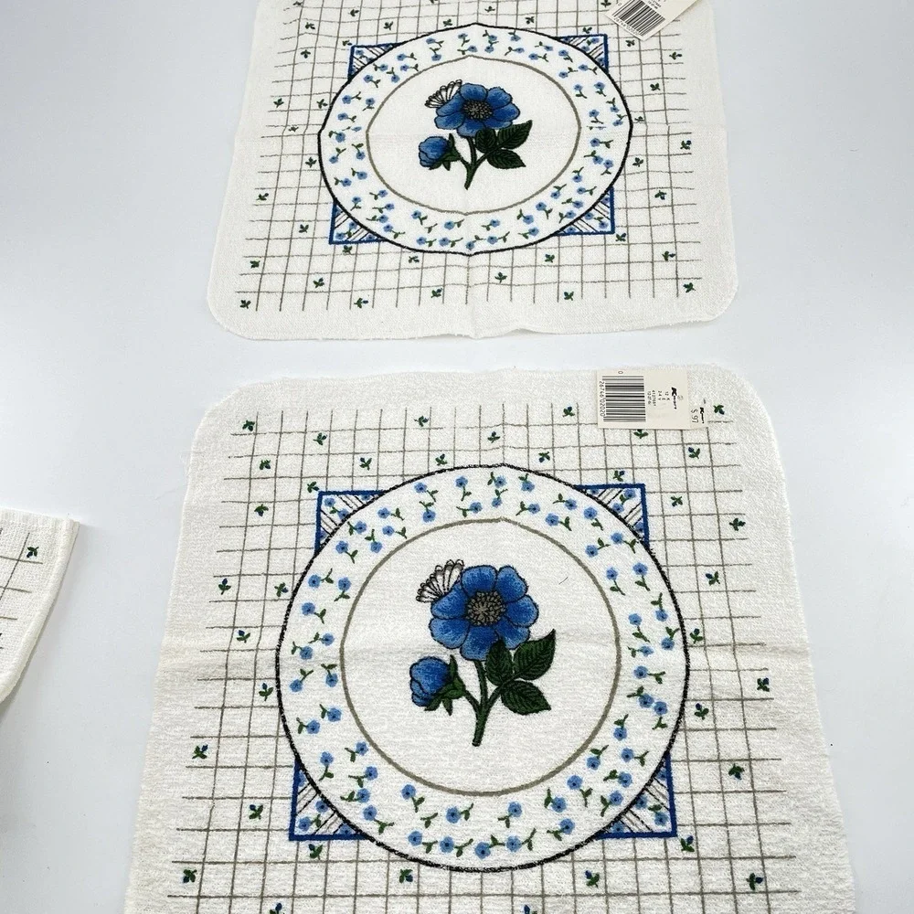 Mid Century Cotton Kitchen Towels White Royal Blue Floral x3 Kmart Vintage Tags